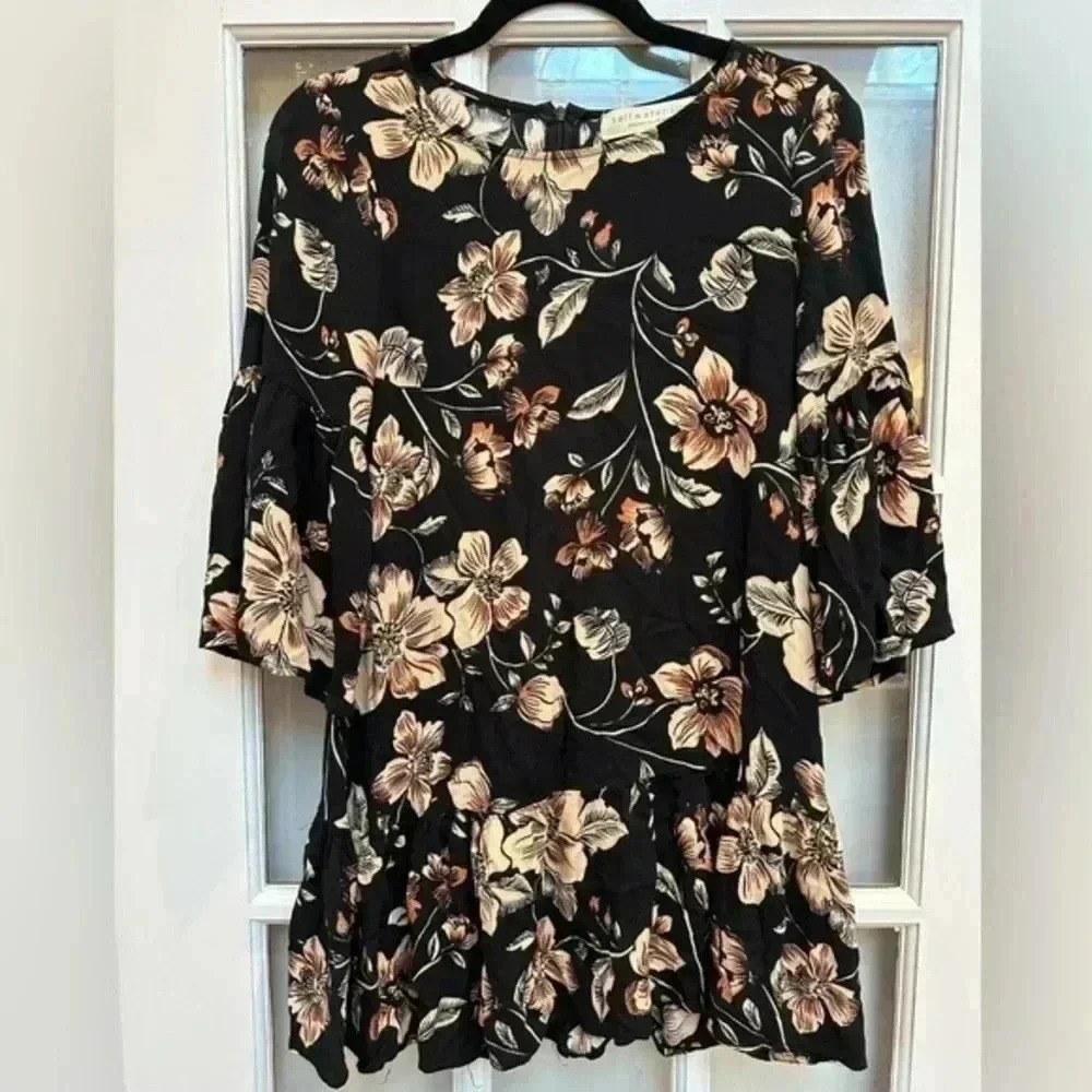 Saltwater Luxe | Black Hibiscus Bell Sleeves Ruffle Hem Mini Dress Size XS